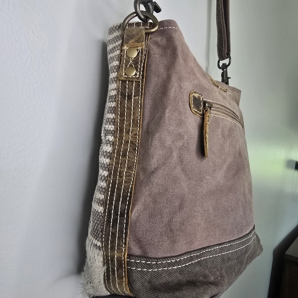 Myra Upcycled Canvas Fur Crossbody Shoulder Bag Purse Brown - Picture 6 of 16